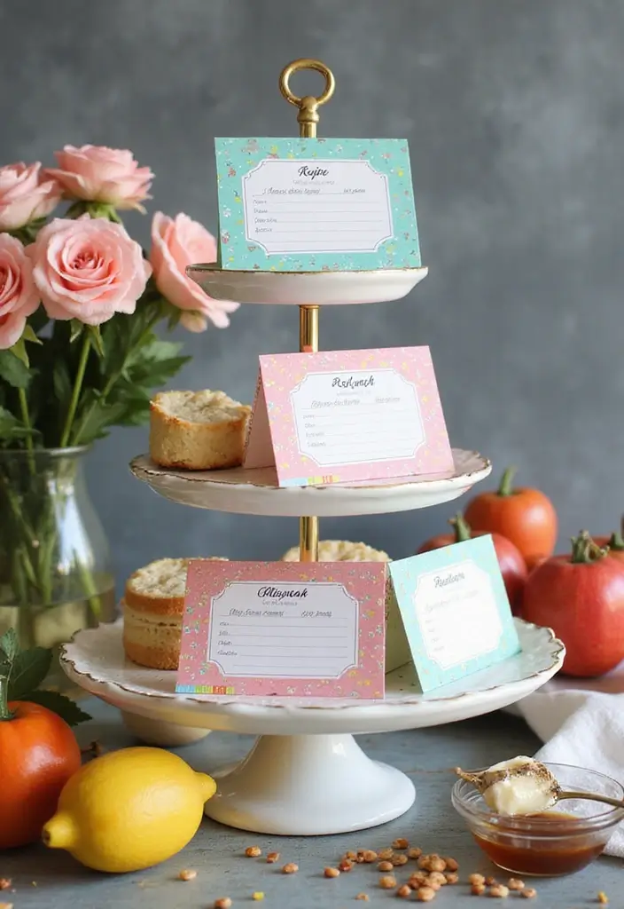 28 DIY Recipe Box Ideas That Keep Family Recipes Organized - 9. Tiered Cake Stand Recipe Organizer