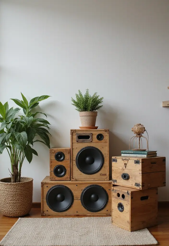 28 DIY Speaker Box Ideas That Upgrade Your Audio Setup - 1. Recycled Wooden Crate Speakers