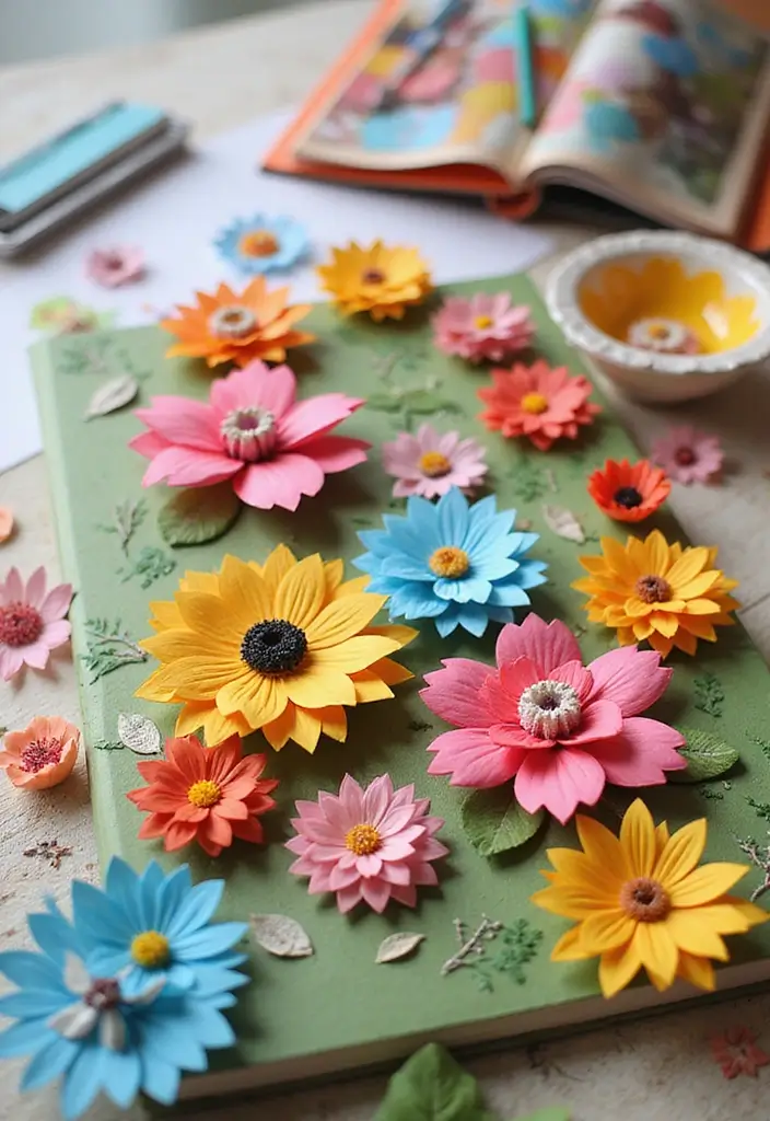 28 File Cover Decoration Ideas That Personalize Office Supplies Creatively - 20. 3D Paper Flowers