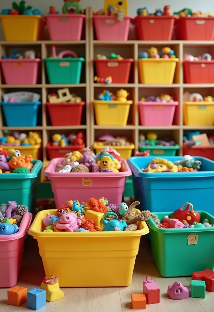 28 Homemade Toy Box Ideas That Make Playtime Creative - 7. Colorful Plastic Bins
