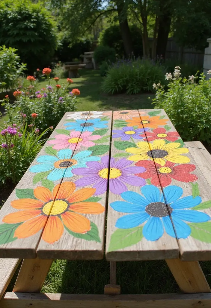 28 Picnic Table Painting Ideas That Make Outdoor Gatherings Stunning - 1. Whimsical Floral Patterns