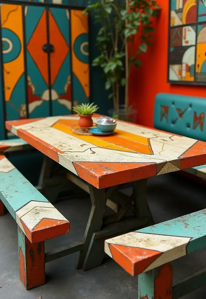28 Picnic Table Painting Ideas That Make Outdoor Gatherings Stunning - 11. Art Deco Inspiration