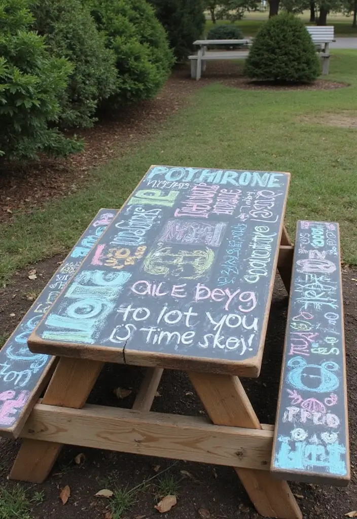 28 Picnic Table Painting Ideas That Make Outdoor Gatherings Stunning - 13. Chalk Art and Quotes