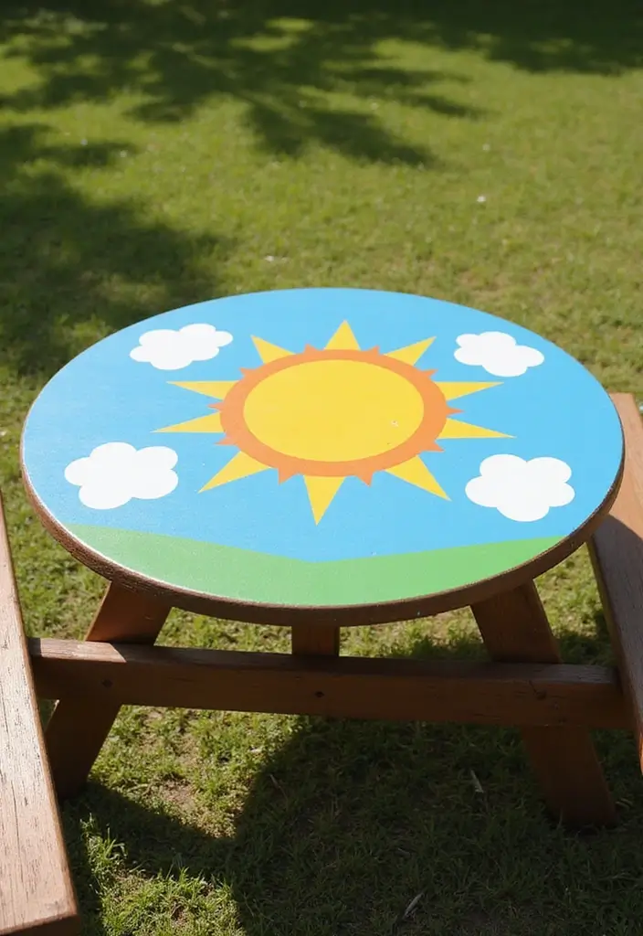28 Picnic Table Painting Ideas That Make Outdoor Gatherings Stunning - 18. Sunshine and Clouds