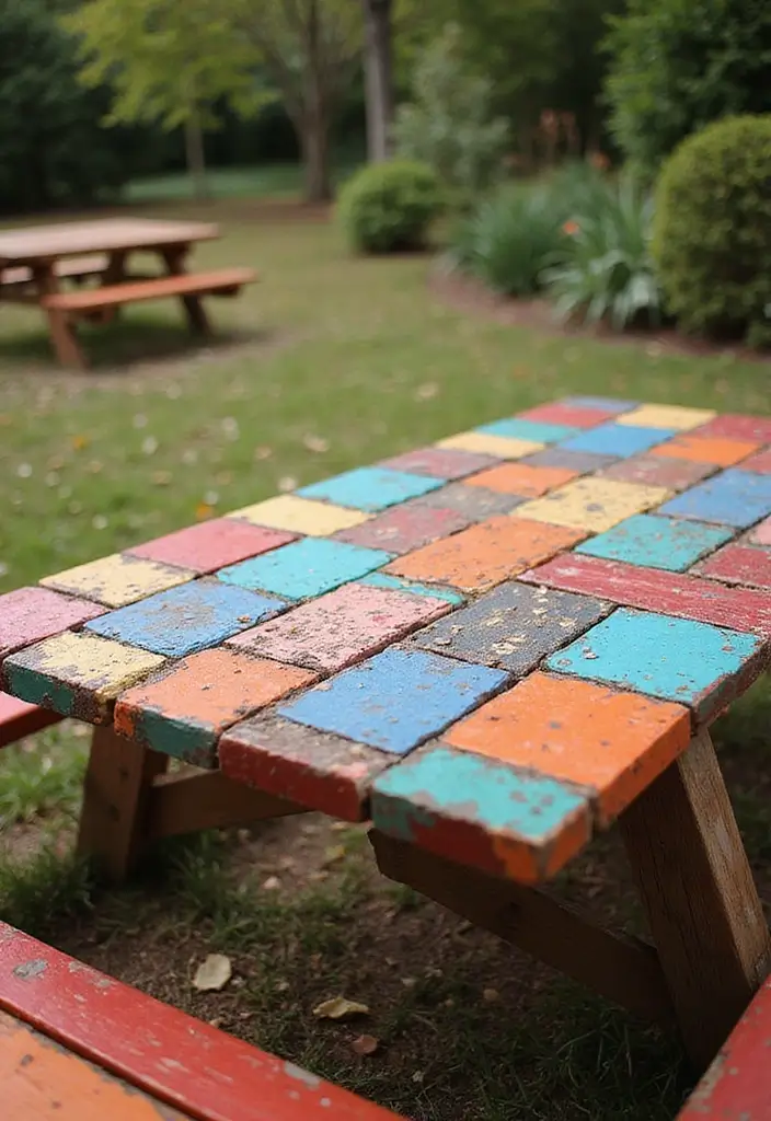 28 Picnic Table Painting Ideas That Make Outdoor Gatherings Stunning - 19. Patchwork Design