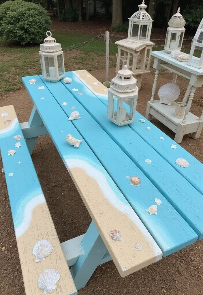 28 Picnic Table Painting Ideas That Make Outdoor Gatherings Stunning - 2. Coastal Beach Vibes