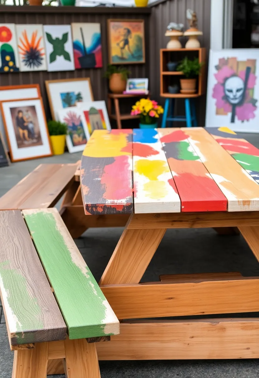 28 Picnic Table Painting Ideas That Make Outdoor Gatherings Stunning - 21. Artistic Brush Strokes