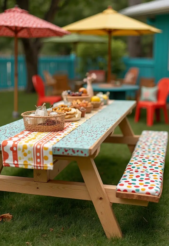 28 Picnic Table Painting Ideas That Make Outdoor Gatherings Stunning - 24. Retro Patterns