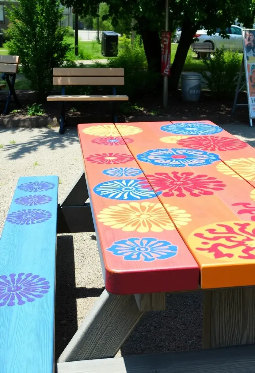 28 Picnic Table Painting Ideas That Make Outdoor Gatherings Stunning - 27. Stenciled Art