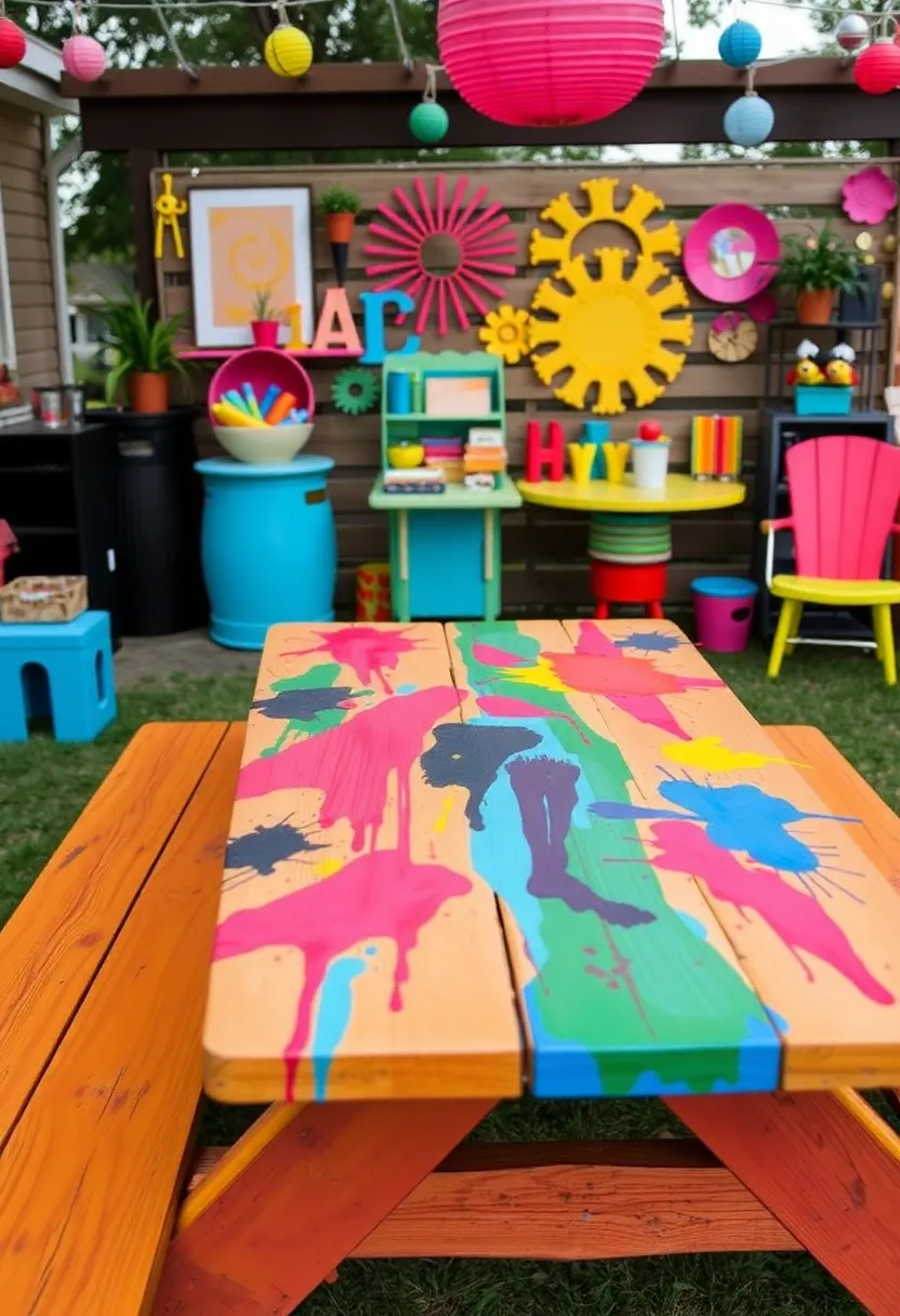 28 Picnic Table Painting Ideas That Make Outdoor Gatherings Stunning - 28. Fun and Funky Brushwork