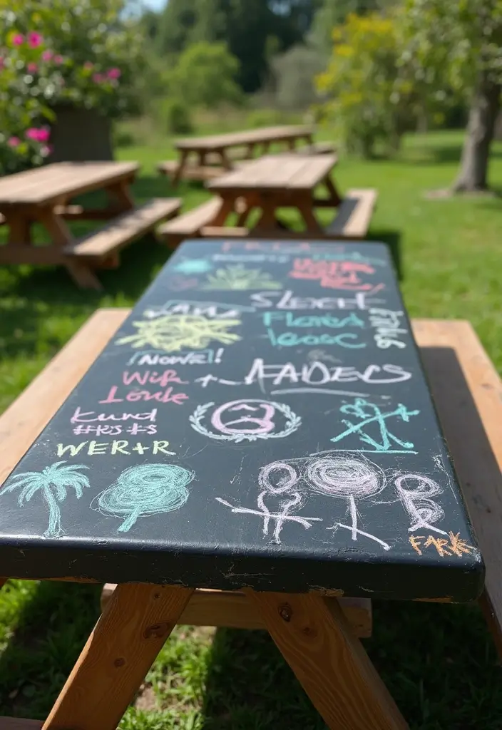 28 Picnic Table Painting Ideas That Make Outdoor Gatherings Stunning - 7. Chalkboard Paint Creativity
