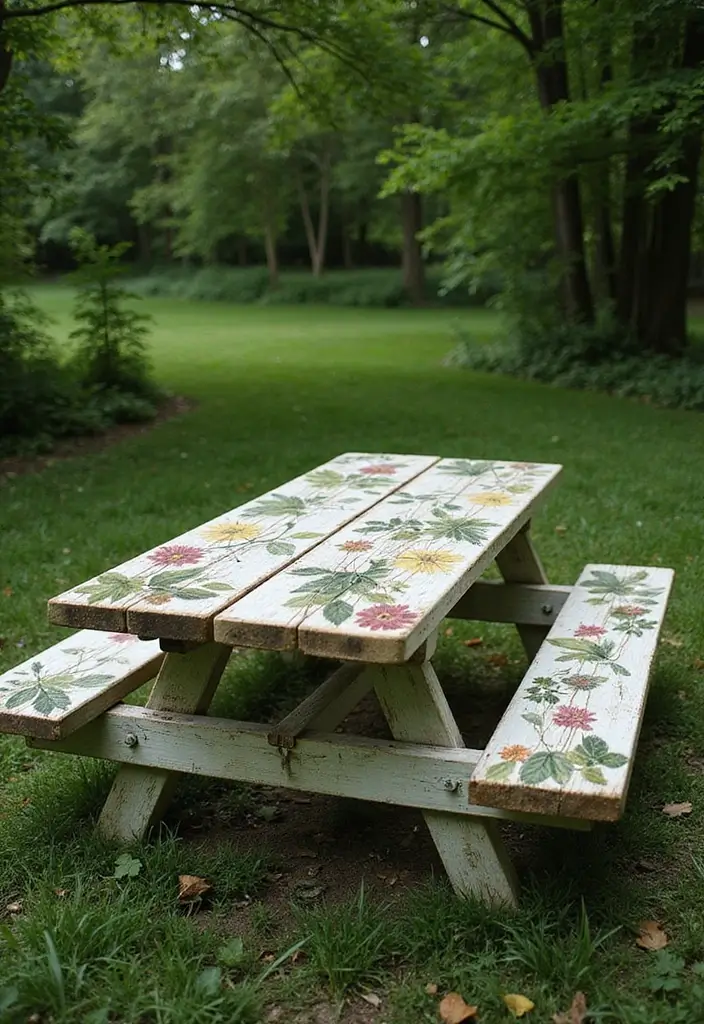 28 Picnic Table Painting Ideas That Make Outdoor Gatherings Stunning - 8. Nature-Inspired Designs