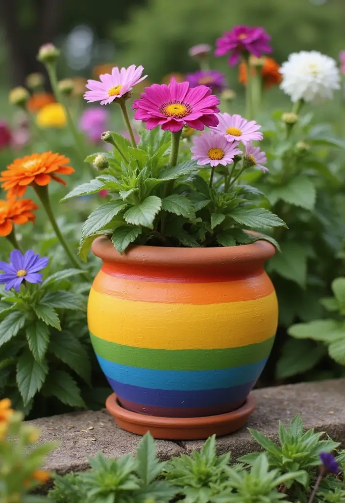 28 Terracotta Pot Painting Ideas That Bring Life and Style to Your Garden - 14. Rainbow Splash