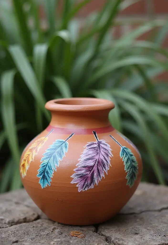 28 Terracotta Pot Painting Ideas That Bring Life and Style to Your Garden - 19. Boho Chic Feathers