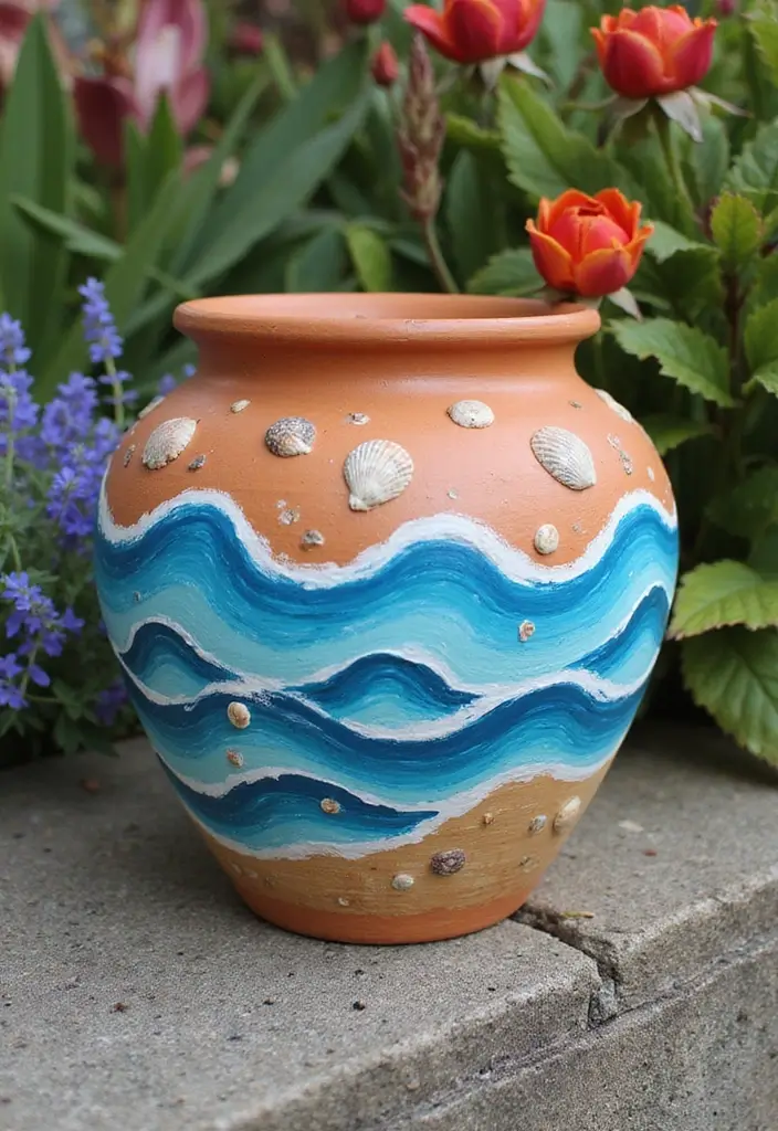 28 Terracotta Pot Painting Ideas That Bring Life and Style to Your Garden - 7. Ocean-Inspired Pottery