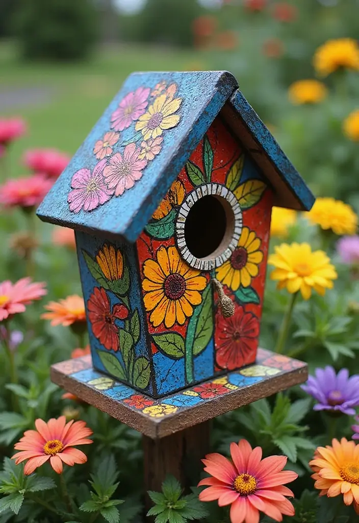 29 Bird House Painting Ideas That Add Color and Charm to Your Garden - 10. Artistic Mosaic