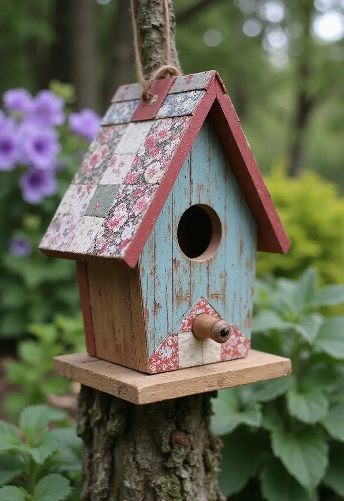 29 Bird House Painting Ideas That Add Color and Charm to Your Garden - 12. Patchwork Quilt