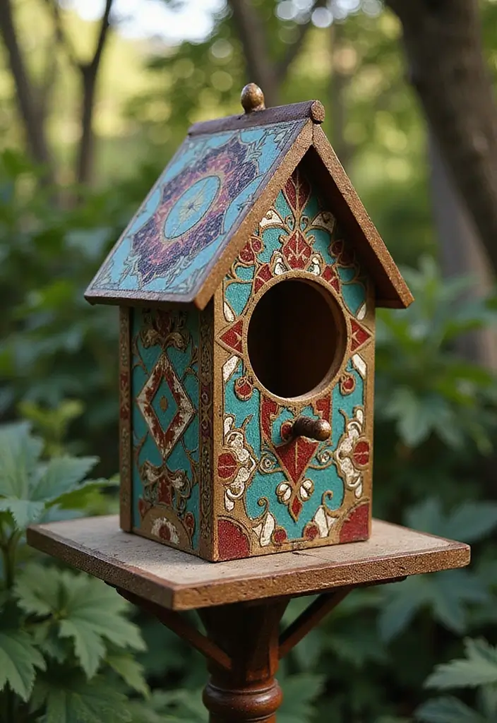 29 Bird House Painting Ideas That Add Color and Charm to Your Garden - 13. Art Deco Elegance