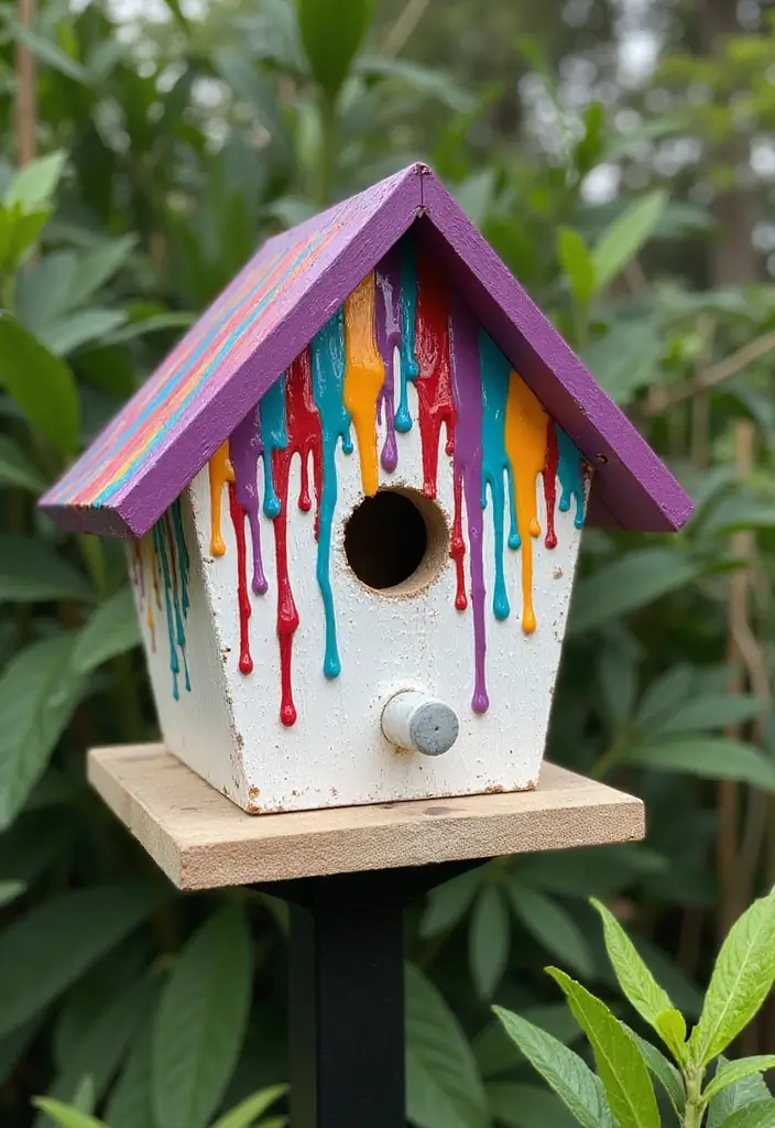 29 Bird House Painting Ideas That Add Color and Charm to Your Garden - 17. Artistic Drips