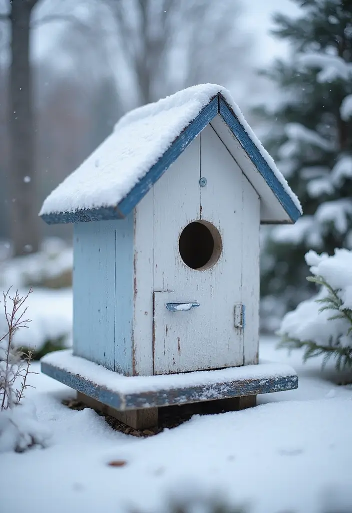 29 Bird House Painting Ideas That Add Color and Charm to Your Garden - 18. Snowy Wonderland