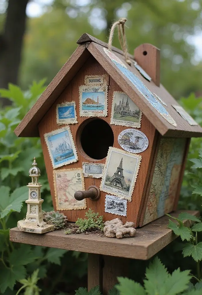29 Bird House Painting Ideas That Add Color and Charm to Your Garden - 20. Vintage Travel