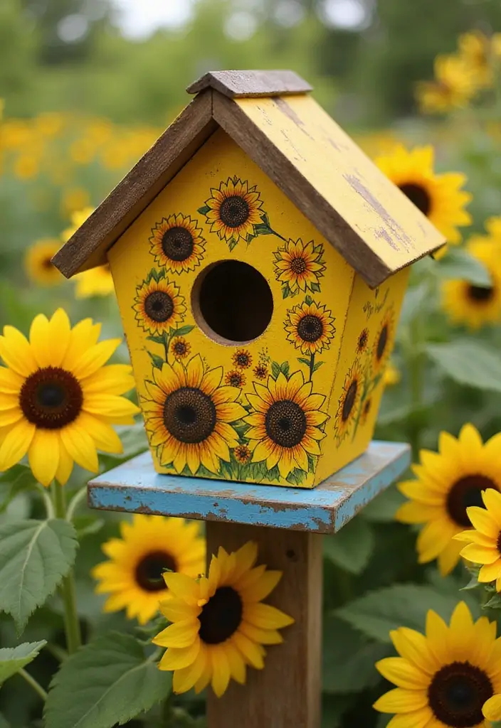 29 Bird House Painting Ideas That Add Color and Charm to Your Garden - 21. Sunflower Dreams