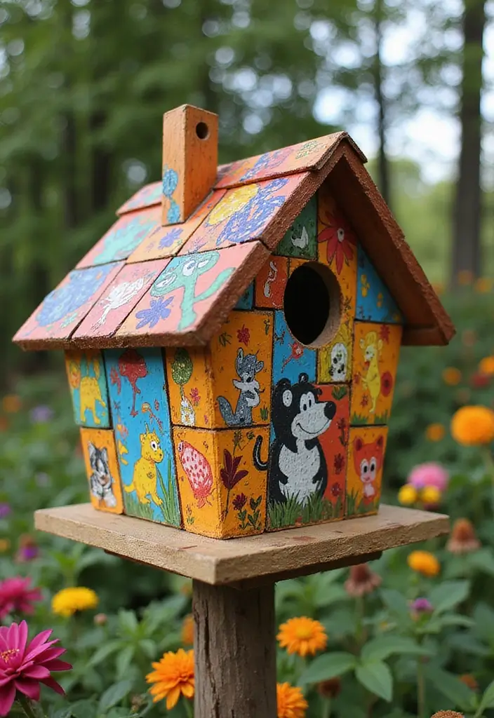 29 Bird House Painting Ideas That Add Color and Charm to Your Garden - 22. Patchwork Animal Prints