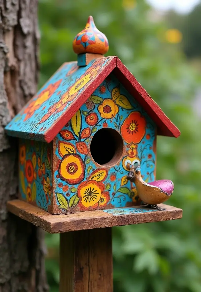 29 Bird House Painting Ideas That Add Color and Charm to Your Garden - 23. Folk Art Fantasy