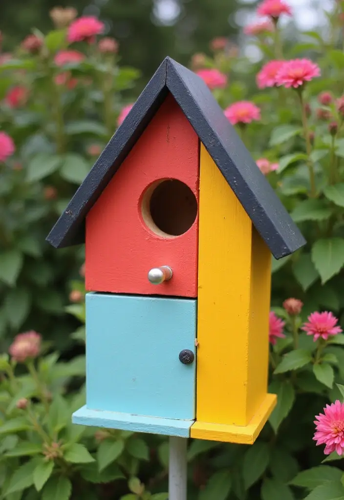 29 Bird House Painting Ideas That Add Color and Charm to Your Garden - 25. Color-Block Beauty