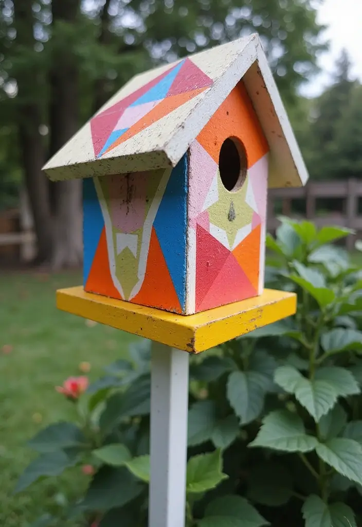 29 Bird House Painting Ideas That Add Color and Charm to Your Garden - 5. Geometric Patterns