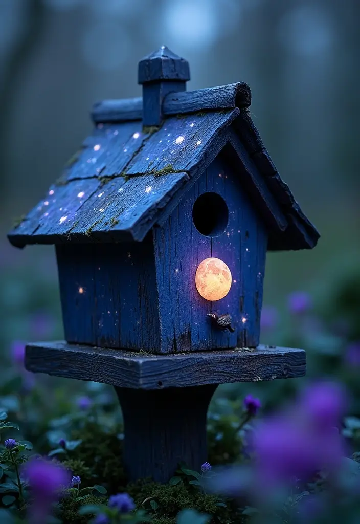 29 Bird House Painting Ideas That Add Color and Charm to Your Garden - 8. Mystical Moonlight