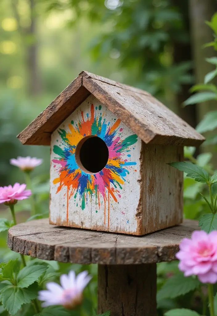 29 Bird House Painting Ideas That Add Color and Charm to Your Garden - 9. Splatter Art Fun
