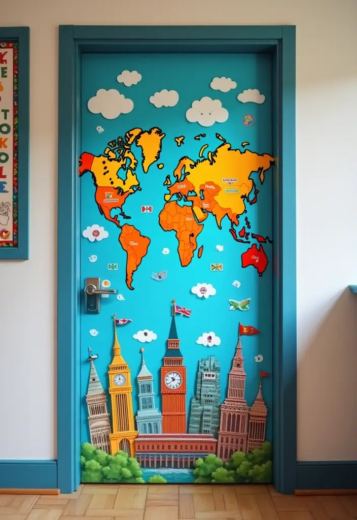 29 Class Door Decoration Ideas That Make Your Classroom Fun and Welcoming - 15. Around the World
