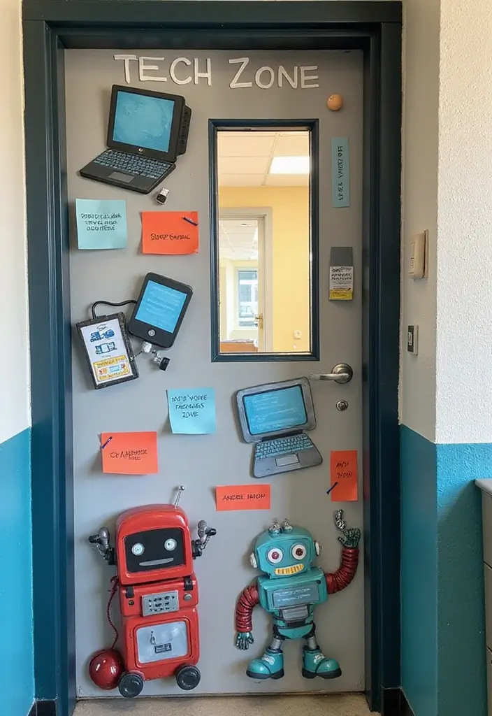 29 Class Door Decoration Ideas That Make Your Classroom Fun and Welcoming - 18. Tech Zone