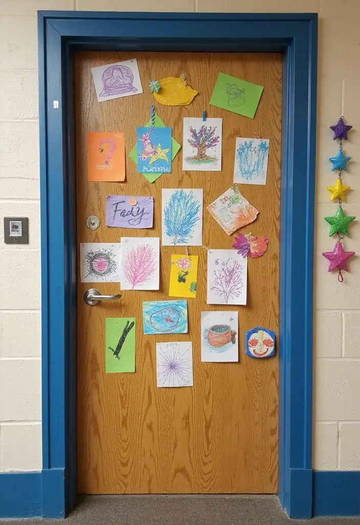 29 Class Door Decoration Ideas That Make Your Classroom Fun and Welcoming - 19. Creative Arts Showcase