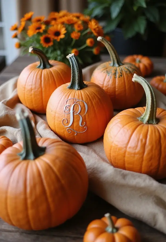 29 Cute Couple Pumpkin Painting Ideas That Are Fun Romantic and Unique - 14. Monogrammed Pumpkins