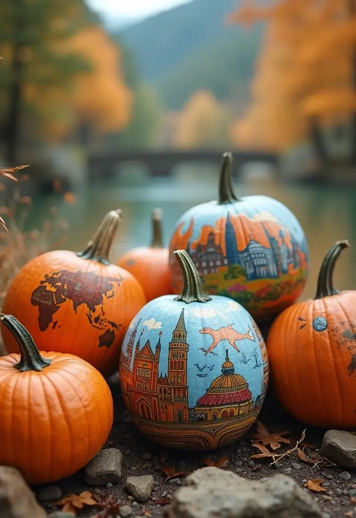 29 Cute Couple Pumpkin Painting Ideas That Are Fun Romantic and Unique - 28. Travel-Inspired Pumpkins