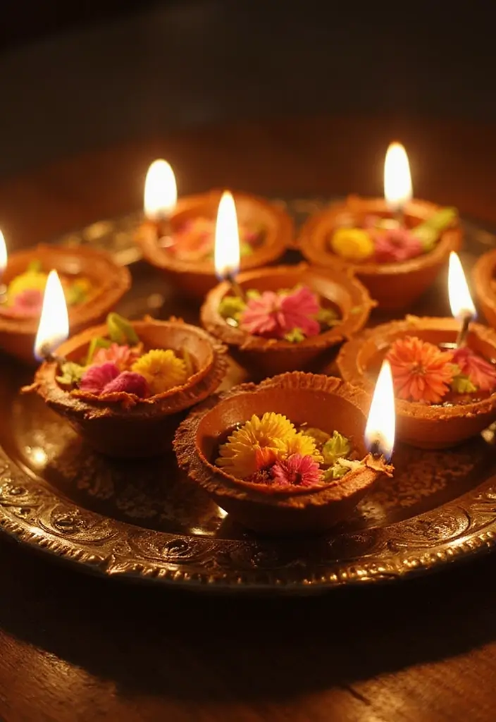 29 DIY Diya Decoration Ideas That Make Your Festive Lamps Shine Bright 127 29 DIY Diya Decoration Ideas That Make Your Festive Lamps Shine Bright - 23. Dried Flower Adornments