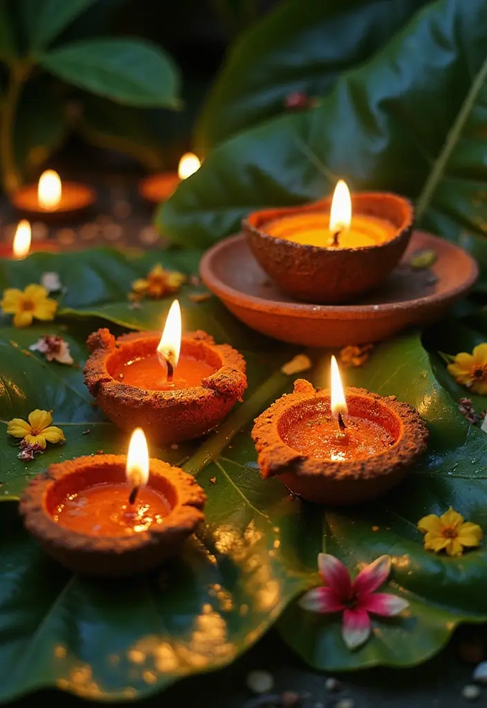 29 DIY Diya Decoration Ideas That Make Your Festive Lamps Shine Bright 11 29 DIY Diya Decoration Ideas That Make Your Festive Lamps Shine Bright - 3. Leafy Luxury