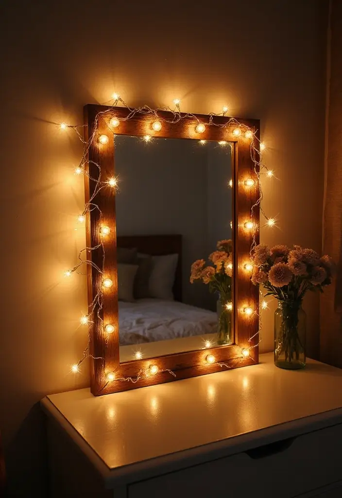 29 DIY Mirror Painting Ideas That Transform Ordinary Mirrors Into Art - 29. Twinkling Fairy Lights Mirror