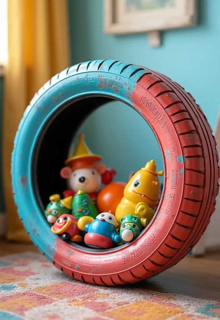 29 DIY Toy Box Ideas That Keep Playrooms Organized and Fun - 17. Upcycled Tire Storage