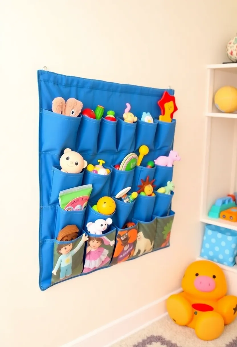 29 DIY Toy Box Ideas That Keep Playrooms Organized and Fun - 28. Fabric Pocket Wall Organizer