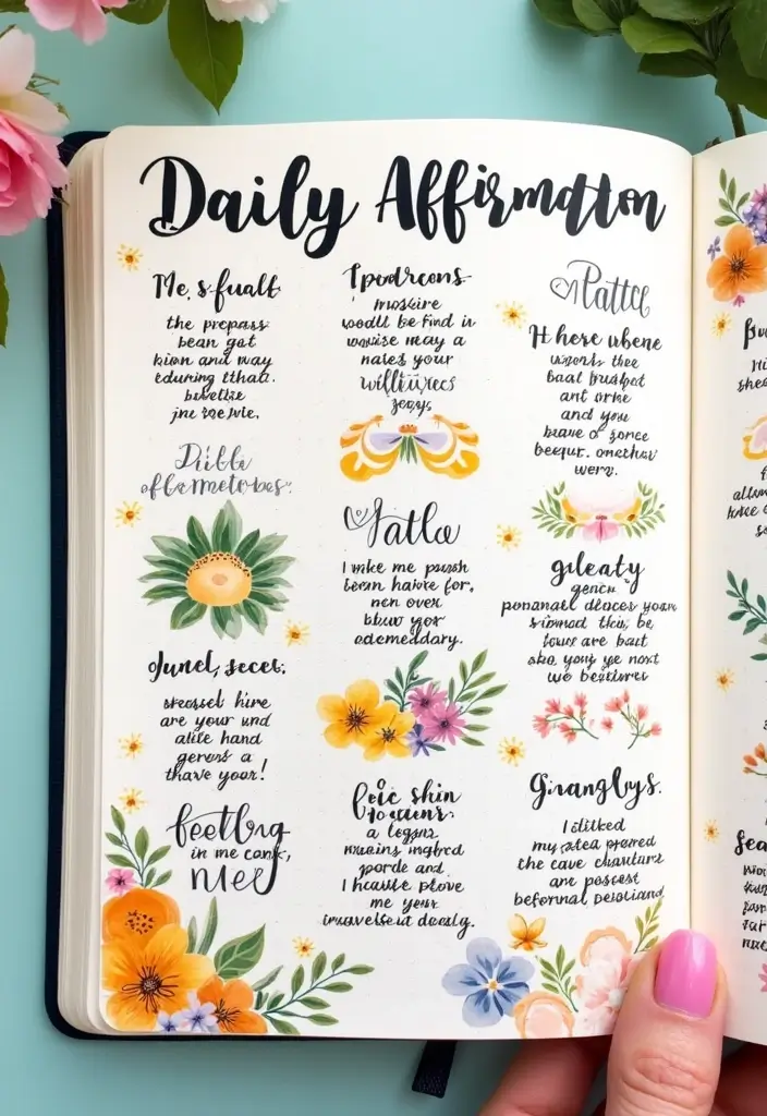 29 Daily Bullet Journal Ideas That Keep Your Days Organized, Creative, and Inspiring - 14. Daily Affirmations Spread