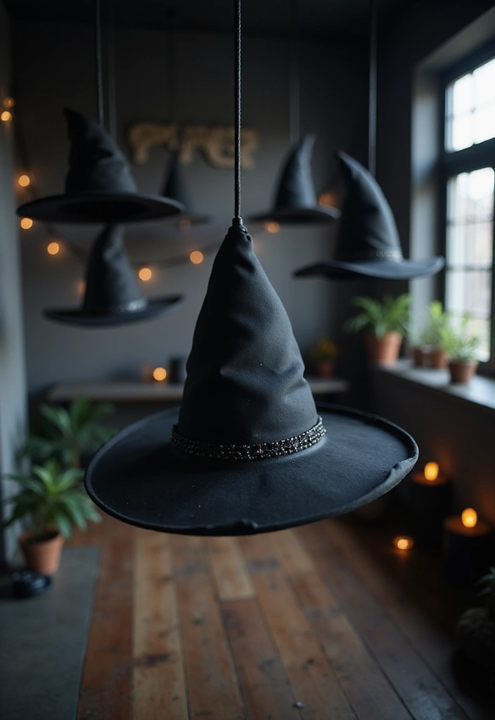 29 Halloween Decoration Ideas Indoor That Transform Your Space Spooky and Fun - 10. Floating Witch Hats