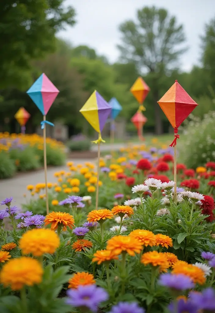29 Kite Decoration Ideas That Make Flying Fun, Colorful, and Unique - 16. Kite Garden Stakes
