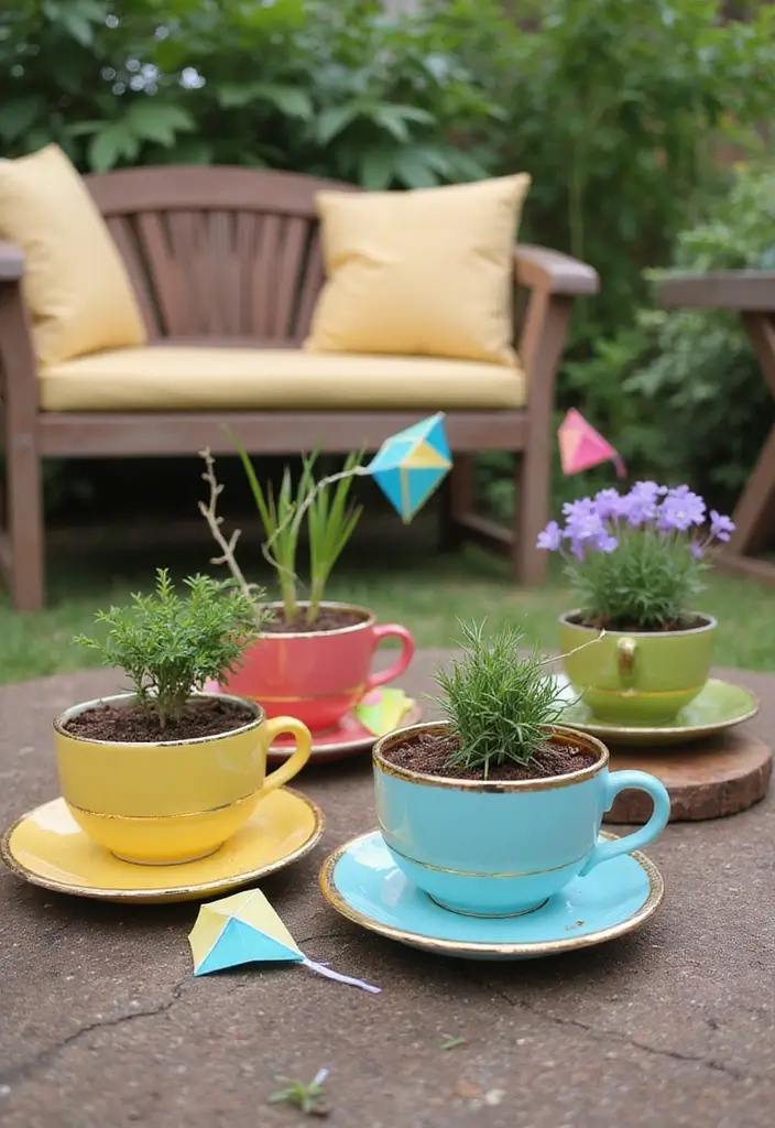 29 Kite Decoration Ideas That Make Flying Fun, Colorful, and Unique - 8. Kite Teacup Planters