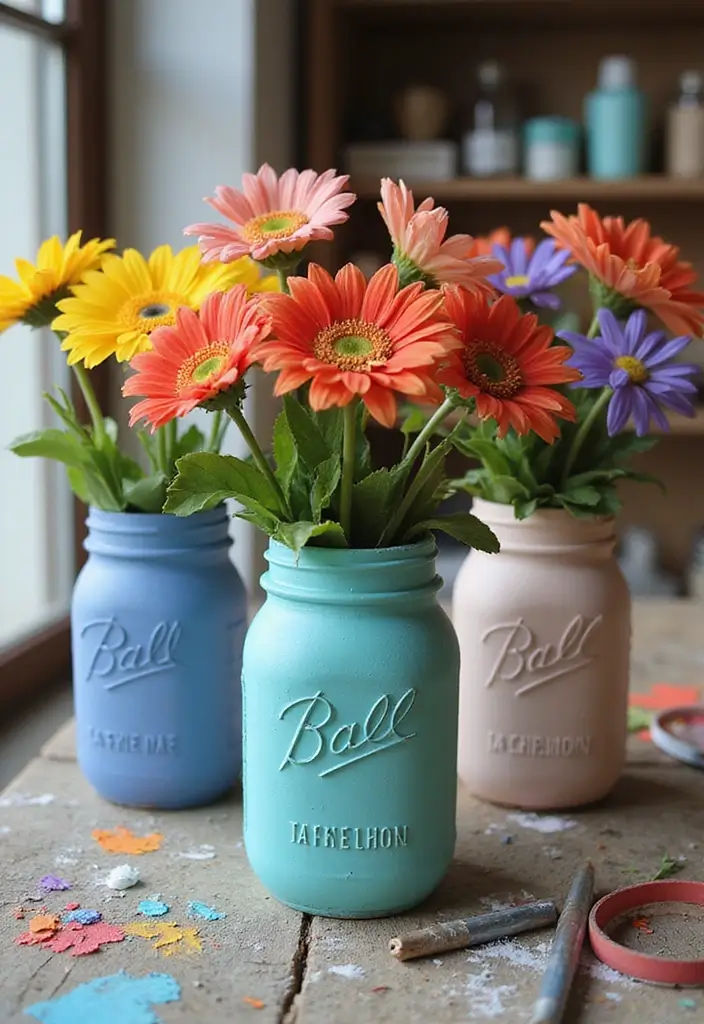 29 Mason Jar Craft Ideas That Transform Jars Into Stylish Decor 11 29 Mason Jar Craft Ideas That Transform Jars Into Stylish Decor - 3. Hand-Painted Vases