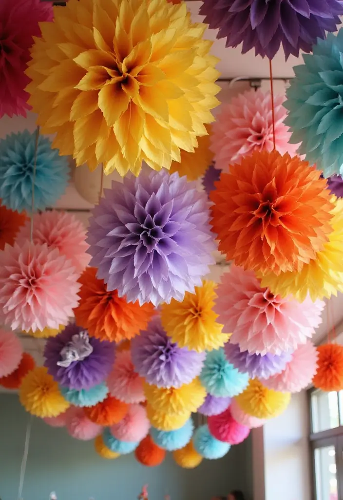 29 Paper Flower Decoration Ideas That Bring Color and Beauty to Any Space - 10. Festive Paper Flower Pom-Poms