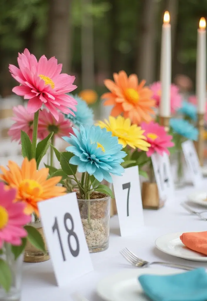 29 Paper Flower Decoration Ideas That Bring Color and Beauty to Any Space - 18. Fun Paper Flower Table Numbers