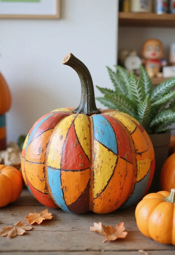 29 Wooden Pumpkin Painting Ideas That Add Rustic Charm to Your Home - 13. Colorful Patchwork Pumpkin